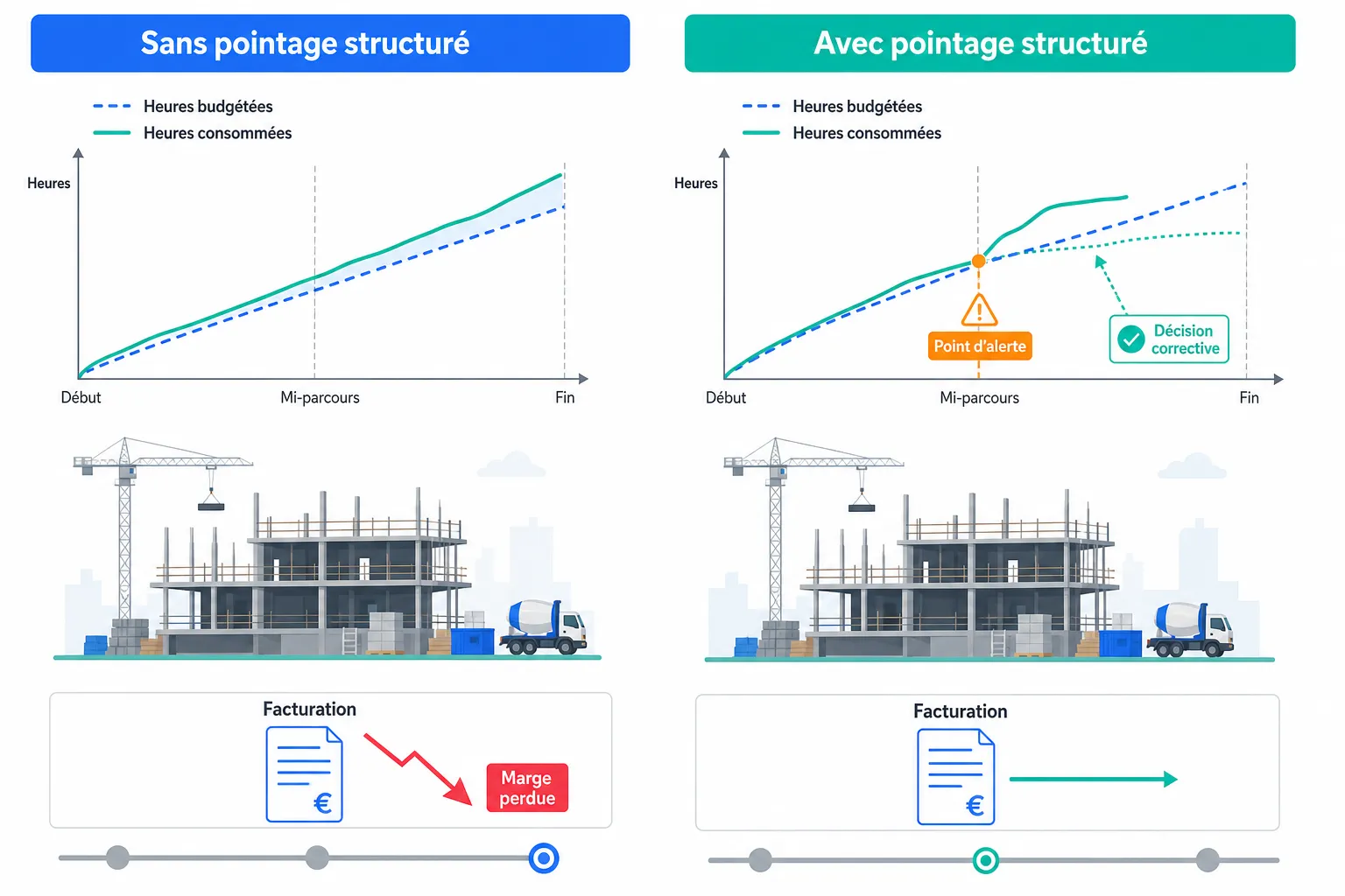 Heures de chantier : pointer sans flicage, exploiter sans tableur
